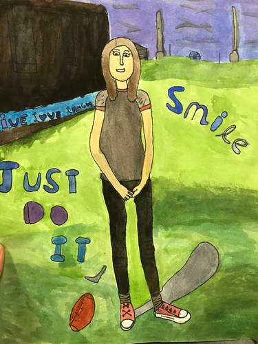 Students used contour lines to draw self portraits, then needed to use complementary color schemes and analogous colors for their watercolor painting. A collage of words in the background helps students convey their interests and values. 